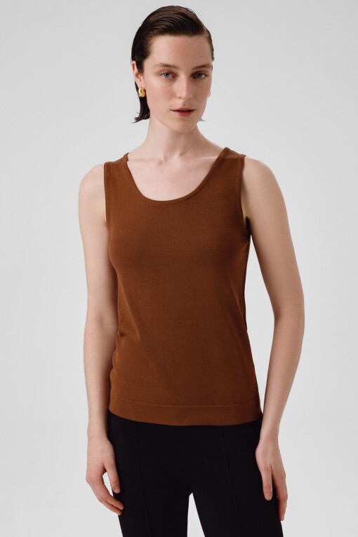 Brown Thick Strap Round Neck Women's Camisole - Triko Mısırlı