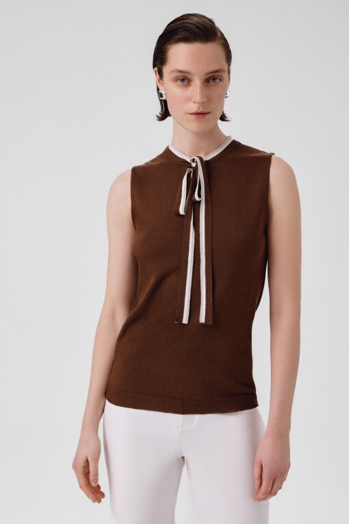 Brown Tie-Neck Sleeveless Blouse - Triko Mısırlı