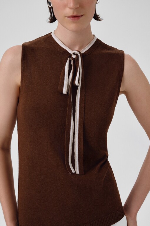Brown Tie-Neck Sleeveless Blouse - Triko Mısırlı