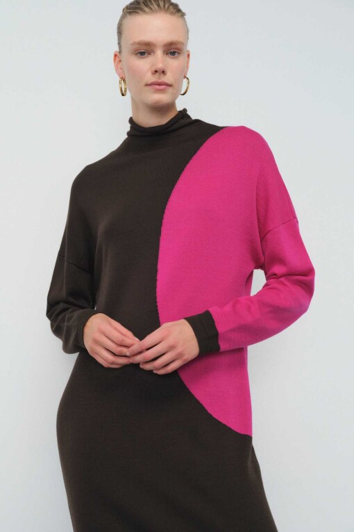 Brown Turtle Neck Dress - Triko Mısırlı