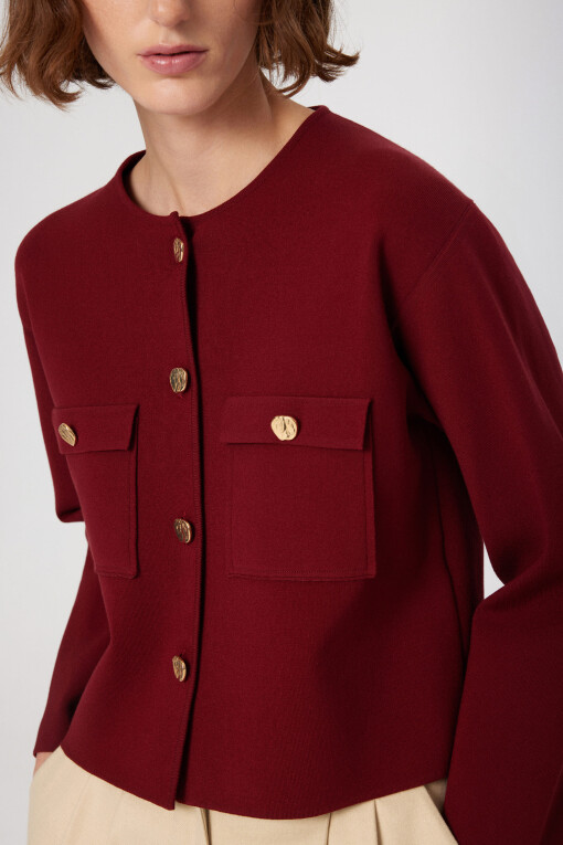 Burgundy Gold Buttoned Short Women's Jacket - Triko Mısırlı