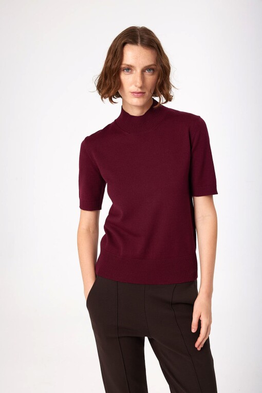 Burgundy Half Turtle Neck Women's Sweater - Triko Mısırlı