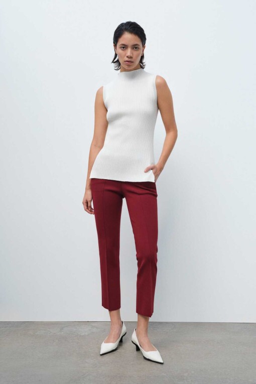 Burgundy Pocket Detail Cropped Women's Pants - Triko Mısırlı