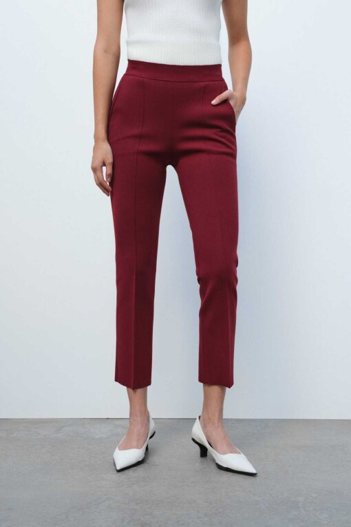 Burgundy Pocket Detail Cropped Women's Pants - Triko Mısırlı