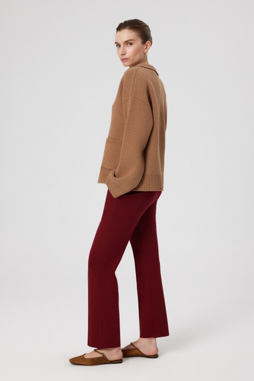 Burgundy Ribbed Stitch Pocket Detail Women's Pants - Triko Mısırlı
