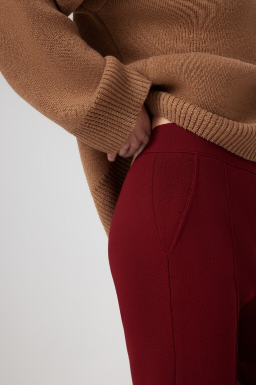 Burgundy Ribbed Stitch Pocket Detail Women's Pants - Triko Mısırlı