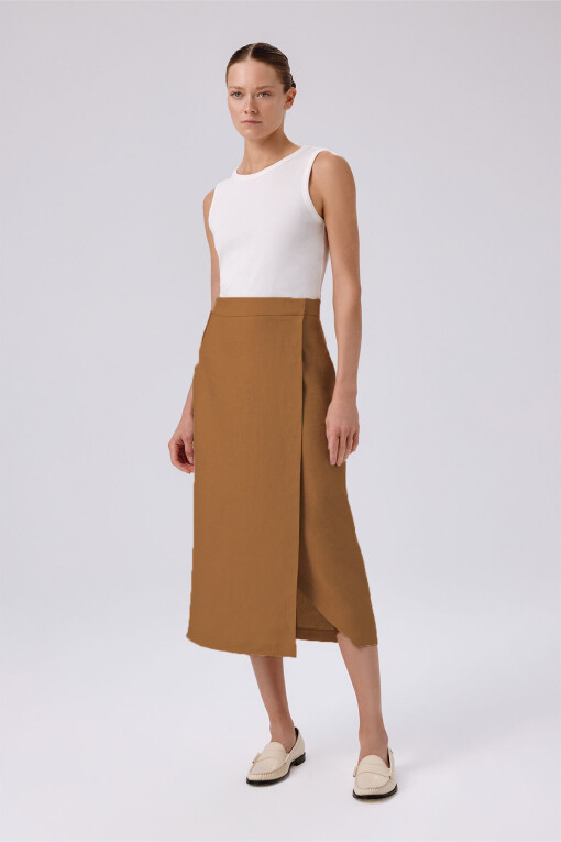 Camel Asymmetrical Slit Wrap Midi Skirt 