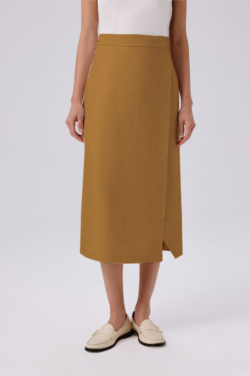 Camel Asymmetrical Slit Wrap Midi Skirt - Triko Mısırlı