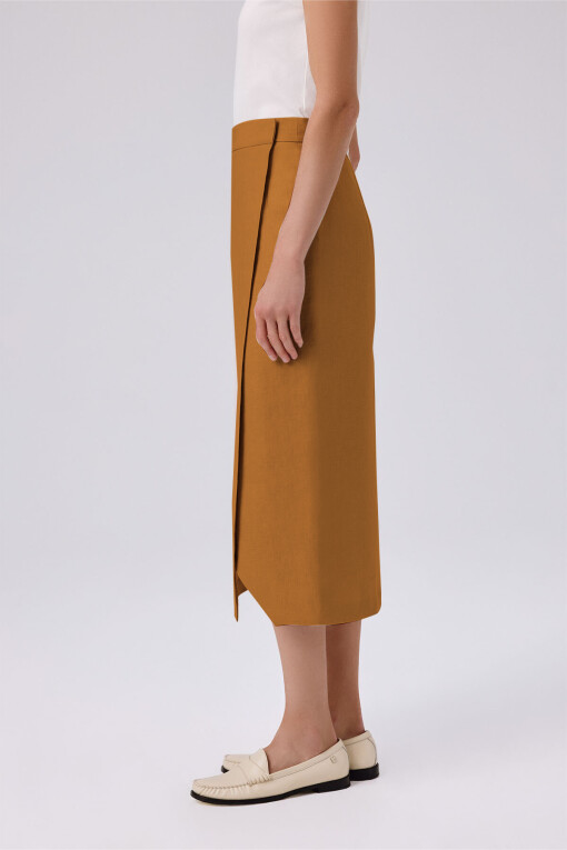 Camel Asymmetrical Slit Wrap Midi Skirt - Triko Mısırlı