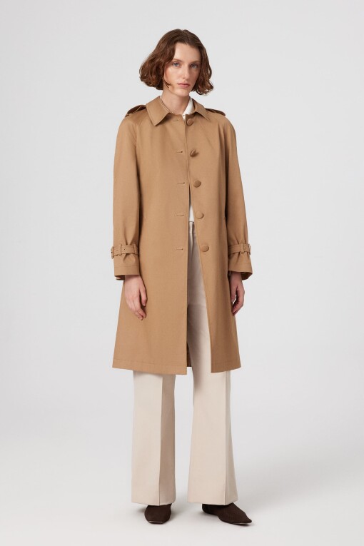 Camel Buttoned Belt Detail Women's Trench Coat 