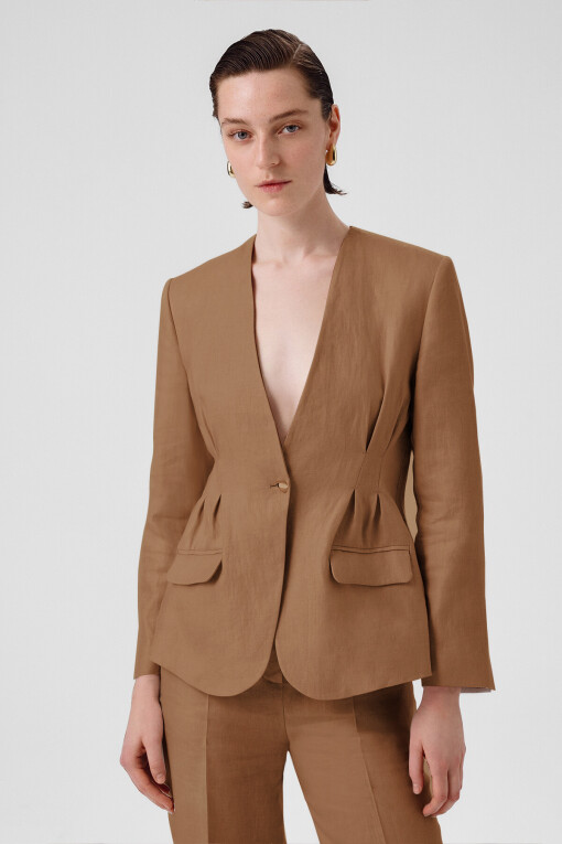 Camel One Button Women's Blazer Jacket - Triko Mısırlı