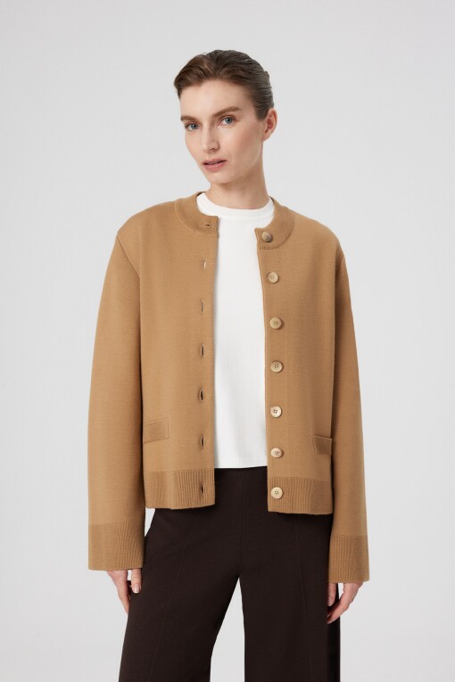 Camel Pocket Detail Buttoned Women's Jacket - Triko Mısırlı
