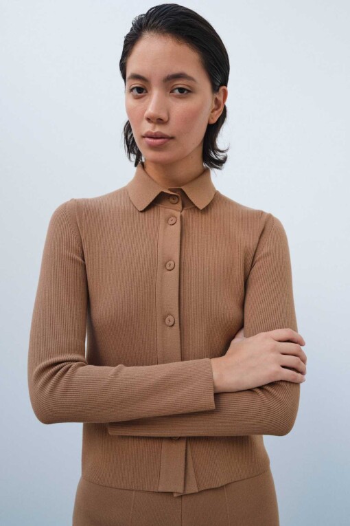 Camel Shirt Collar Slim Fit Knit Women's Cardigan 