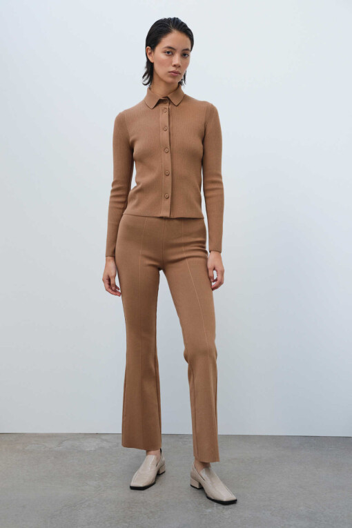 Camel Shirt Collar Slim Fit Knit Women's Cardigan - Triko Mısırlı
