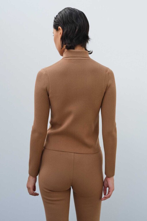 Camel Shirt Collar Slim Fit Knit Women's Cardigan - Triko Mısırlı