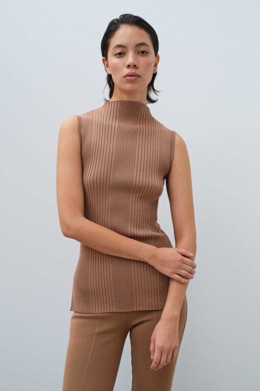 Camel Slit Detail Sleeveless Knit Blouse - Triko Mısırlı