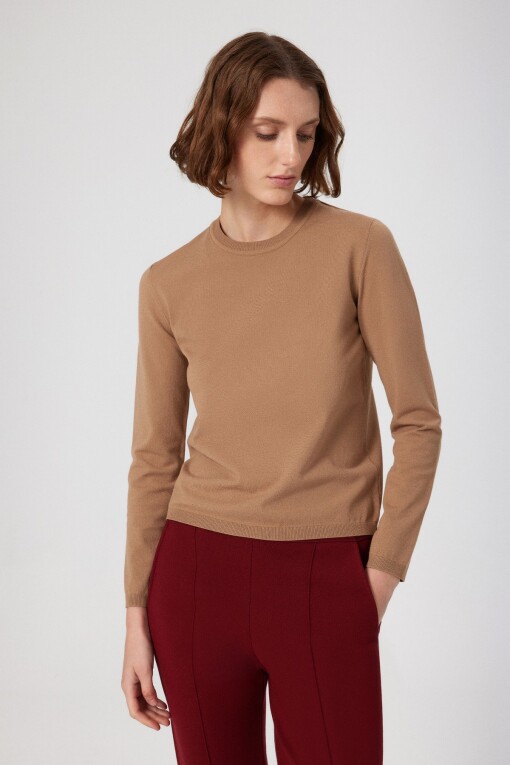 Caramel Crew Neck Knit Women's T-Shirt - Triko Mısırlı