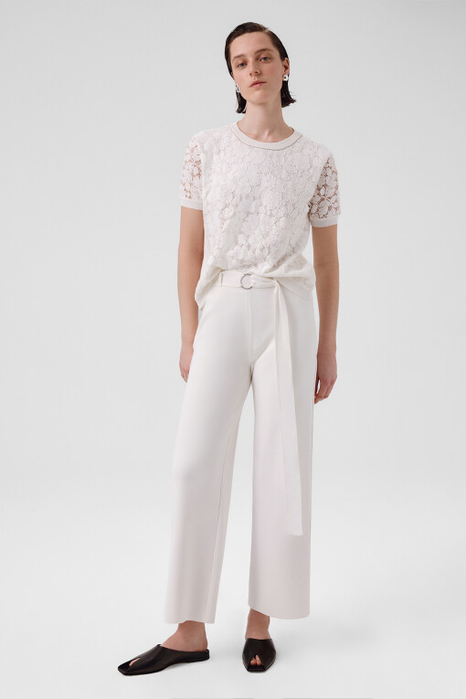 Ecru Belt Detail Wide Leg Women's Pants - Triko Mısırlı