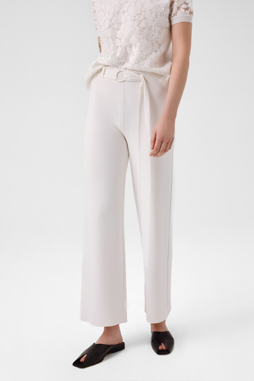 Ecru Belt Detail Wide Leg Women's Pants - Triko Mısırlı