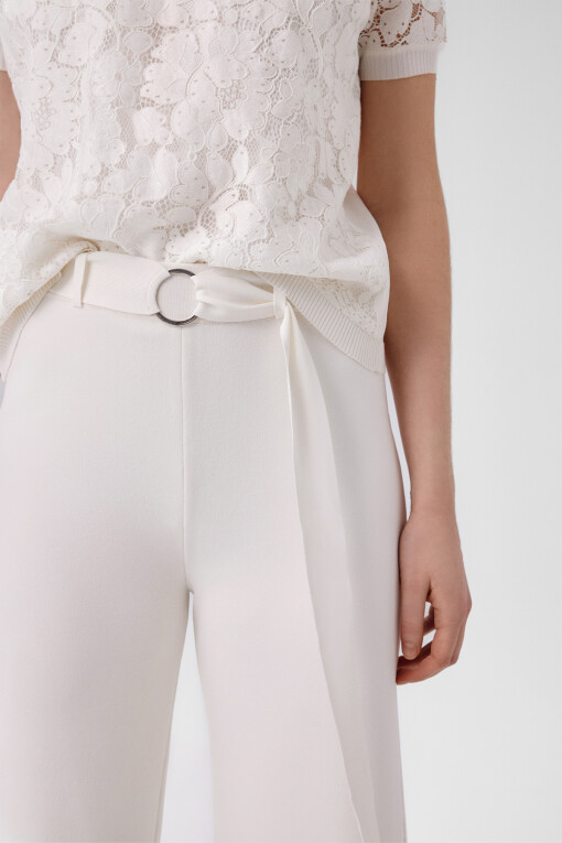 Ecru Belt Detail Wide Leg Women's Pants - Triko Mısırlı
