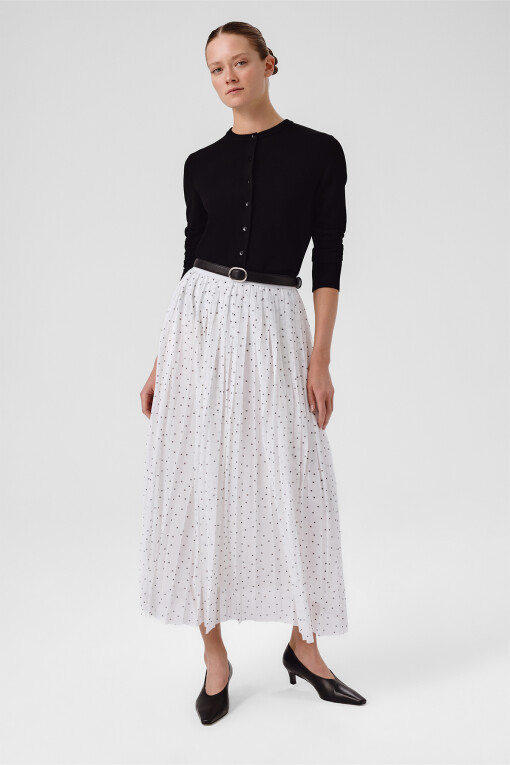 Ecru Black Polka Dot Pleated Long Skirt - Triko Mısırlı