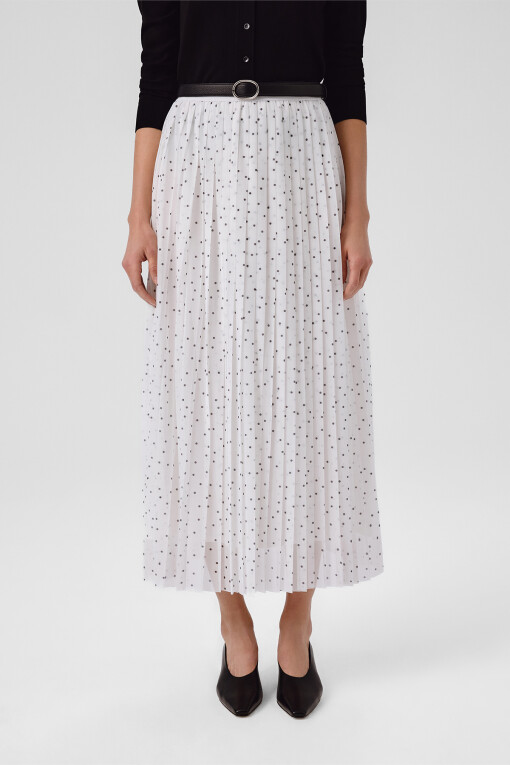 Ecru Black Polka Dot Pleated Long Skirt - Triko Mısırlı