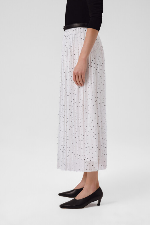 Ecru Black Polka Dot Pleated Long Skirt - Triko Mısırlı