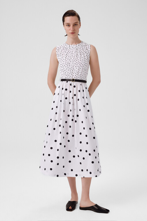 Ecru Black Polka Dot Sleeveless Long Dress - Triko Mısırlı
