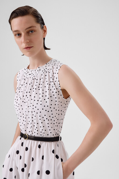 Ecru Black Polka Dot Sleeveless Long Dress - Triko Mısırlı