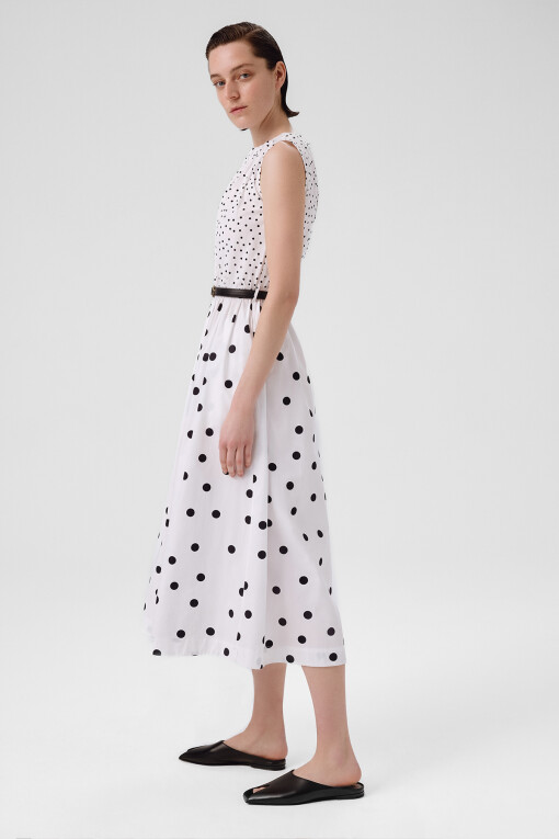 Ecru Black Polka Dot Sleeveless Long Dress - Triko Mısırlı