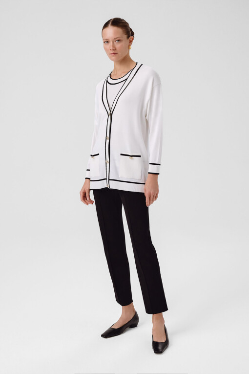 Ecru Black Striped V-Neck Women's Cardigan - Triko Mısırlı