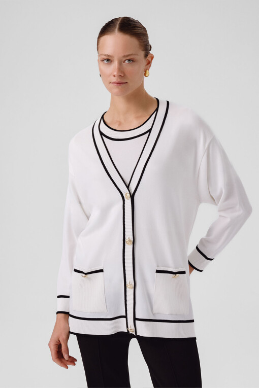 Ecru Black Striped V-Neck Women's Cardigan - Triko Mısırlı