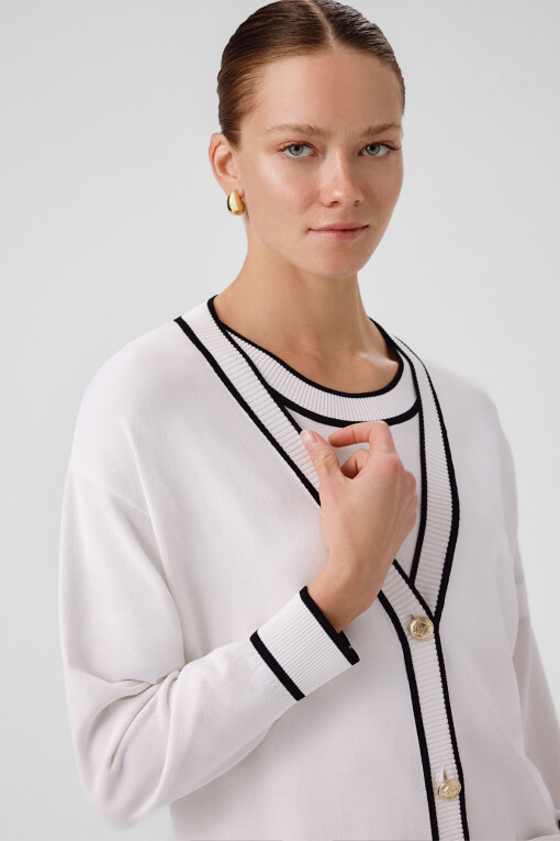 Ecru Black Striped V-Neck Women's Cardigan - Triko Mısırlı