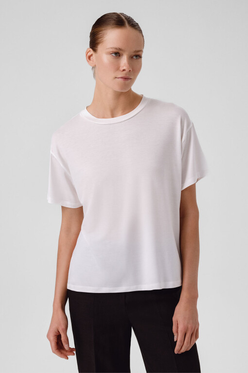 Ecru Crew Neck Basic Women's T-Shirt - Triko Mısırlı