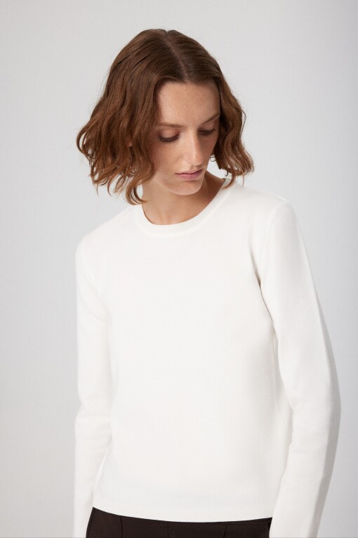 Ecru Crew Neck Knit Women's T-Shirt - Triko Mısırlı