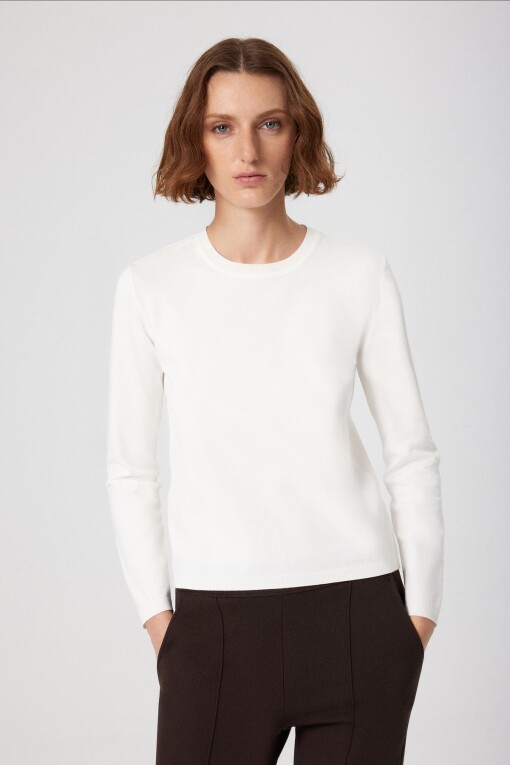 Ecru Crew Neck Knit Women's T-Shirt - Triko Mısırlı