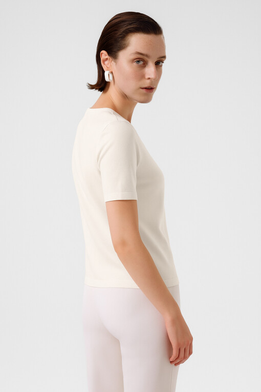 Ecru Crew Neck Short Sleeve Women's Sweater - Triko Mısırlı