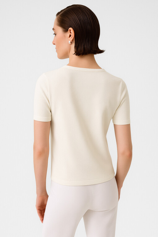 Ecru Crew Neck Short Sleeve Women's Sweater - Triko Mısırlı
