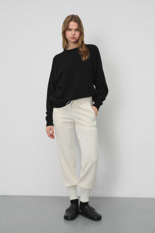 Ecru Drawstring Waist Tapered Leg Women's Pants - Triko Mısırlı