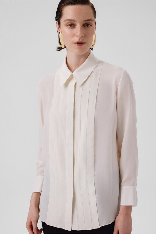 Ecru Front Stitch Detail Women's Shirt - Triko Mısırlı