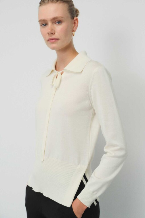 Ecru Front Tie Polo Collar Women's Sweater 