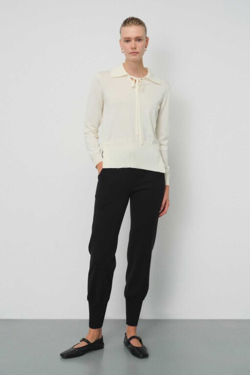 Ecru Front Tie Polo Collar Women's Sweater - Triko Mısırlı