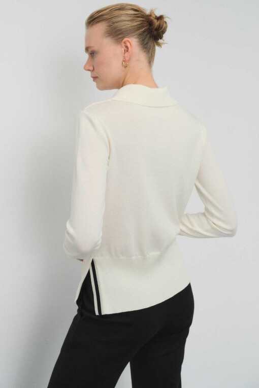 Ecru Front Tie Polo Collar Women's Sweater - Triko Mısırlı