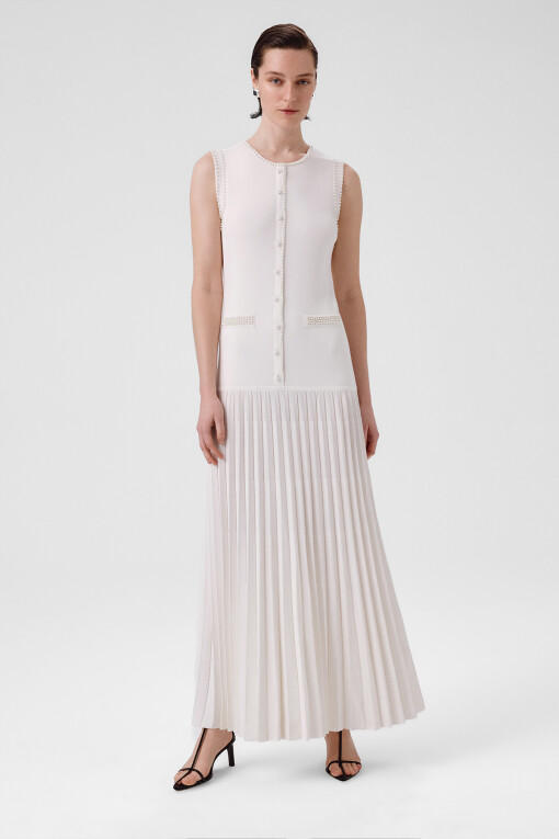 Ecru Pearl Embellished Pleated Hem Long Dress - Triko Mısırlı