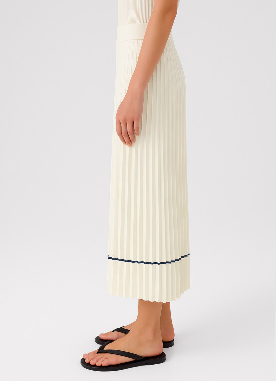 Ecru Pleated Long Skirt - Triko Mısırlı