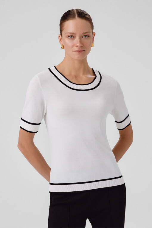 Ecru Round Neck Short Sleeve Women's Sweater - Triko Mısırlı