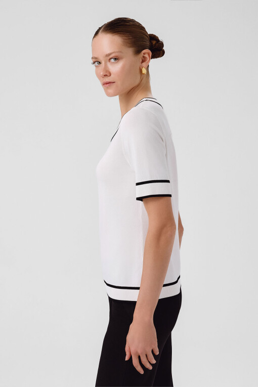 Ecru Round Neck Short Sleeve Women's Sweater - Triko Mısırlı