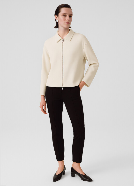 Ecru Shirt Collar Zippered Women's Jacket - Triko Mısırlı