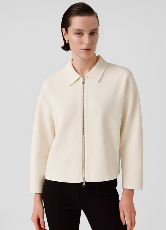 Ecru Shirt Collar Zippered Women's Jacket - Triko Mısırlı