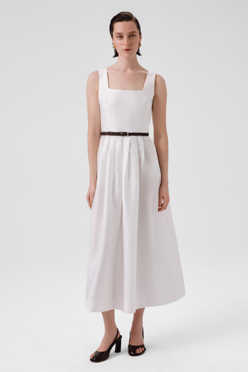 Ecru Square Neck Belt Detail Long Dress - Triko Mısırlı